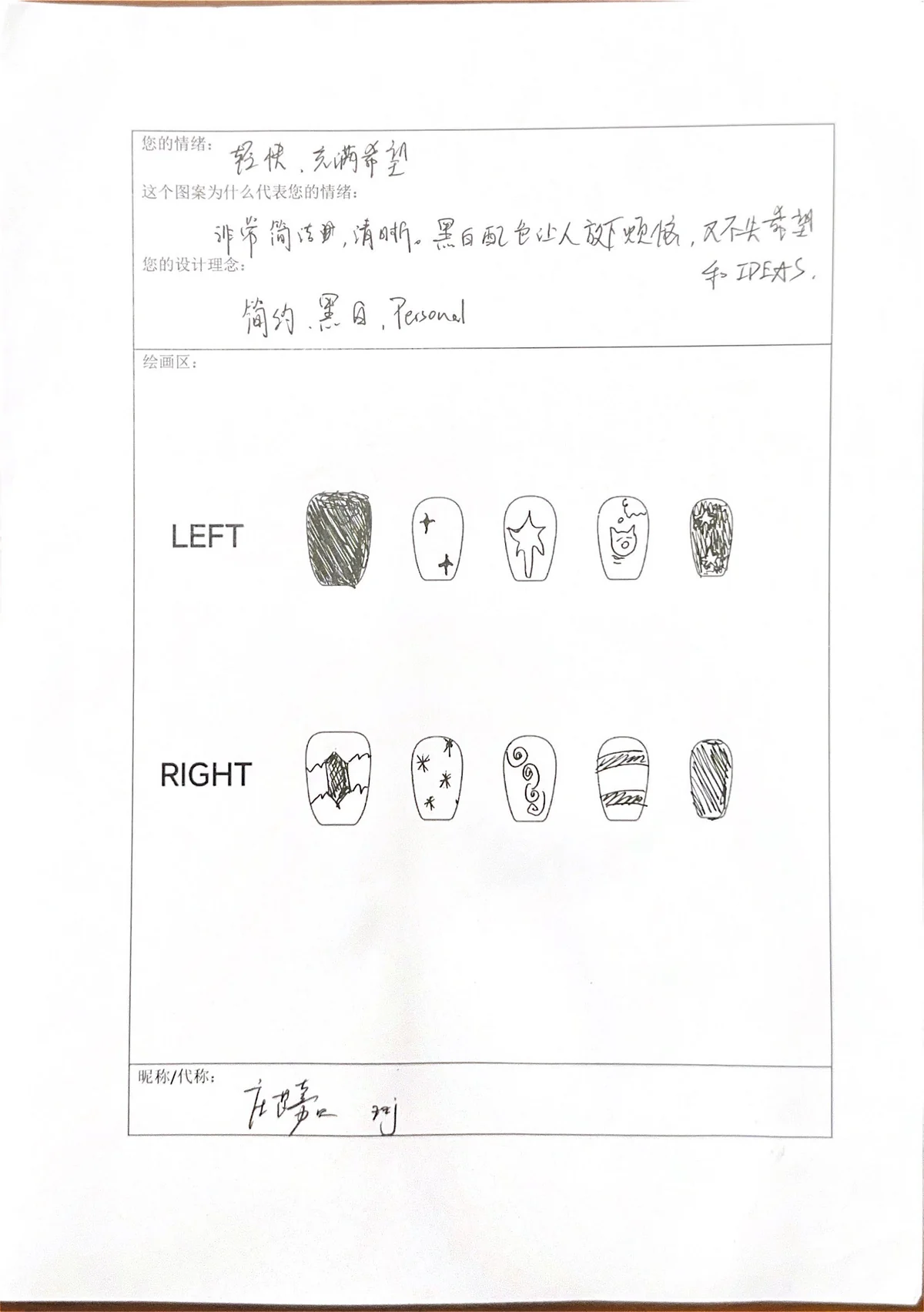 Original black-and-white nail drawing with pencil hatching, dark shading, and handwritten notes