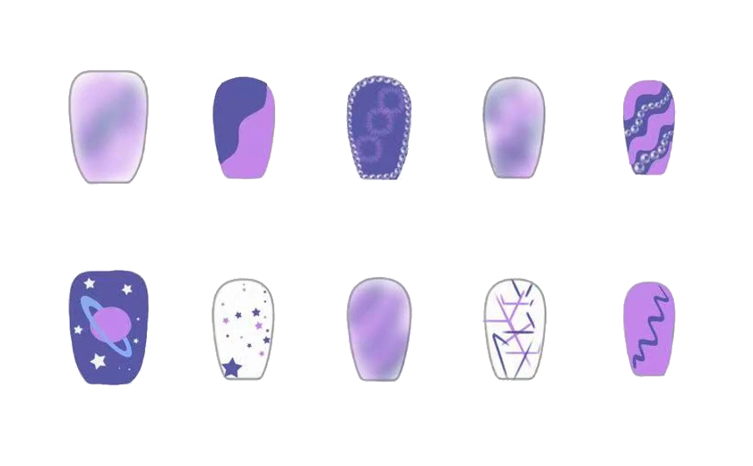 Purple nail designs featuring planets, gradients, and waves